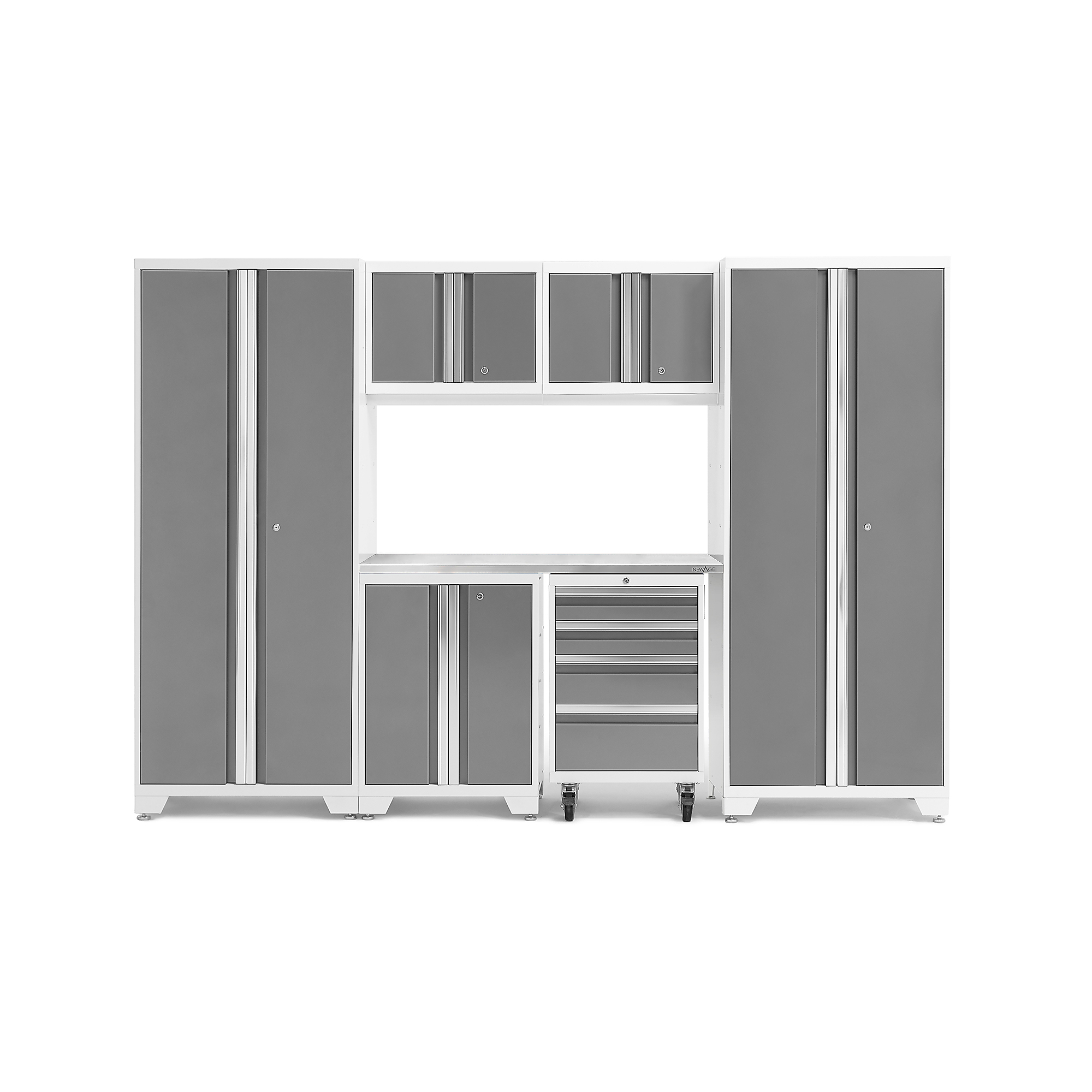 NewAge Products, Bold Series White 7-Pc. Steel Garage Cabinet Set, Width 108 in, Height 76.75 in, Depth 18 in, Model# 54871